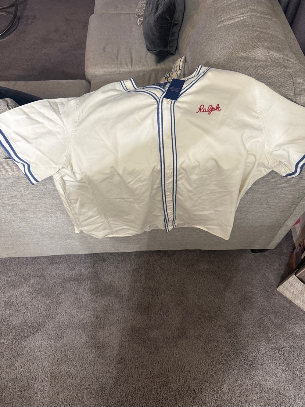 Ralph Lauren White Baseball-Style Button Shirt with Blue Trim and Red Script